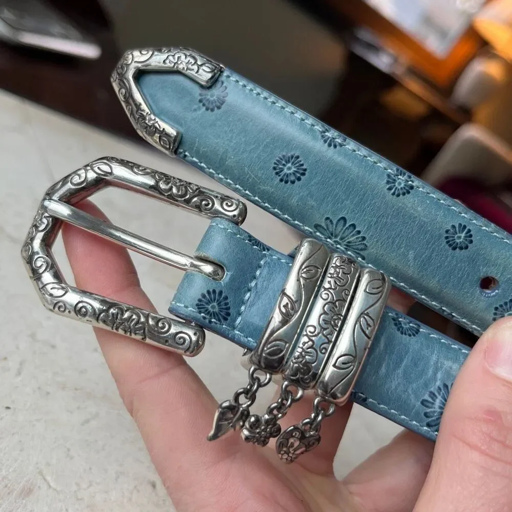 Brighton Blue Floral Tooled Leather Belt Charm Western Boho Y2K ML 32